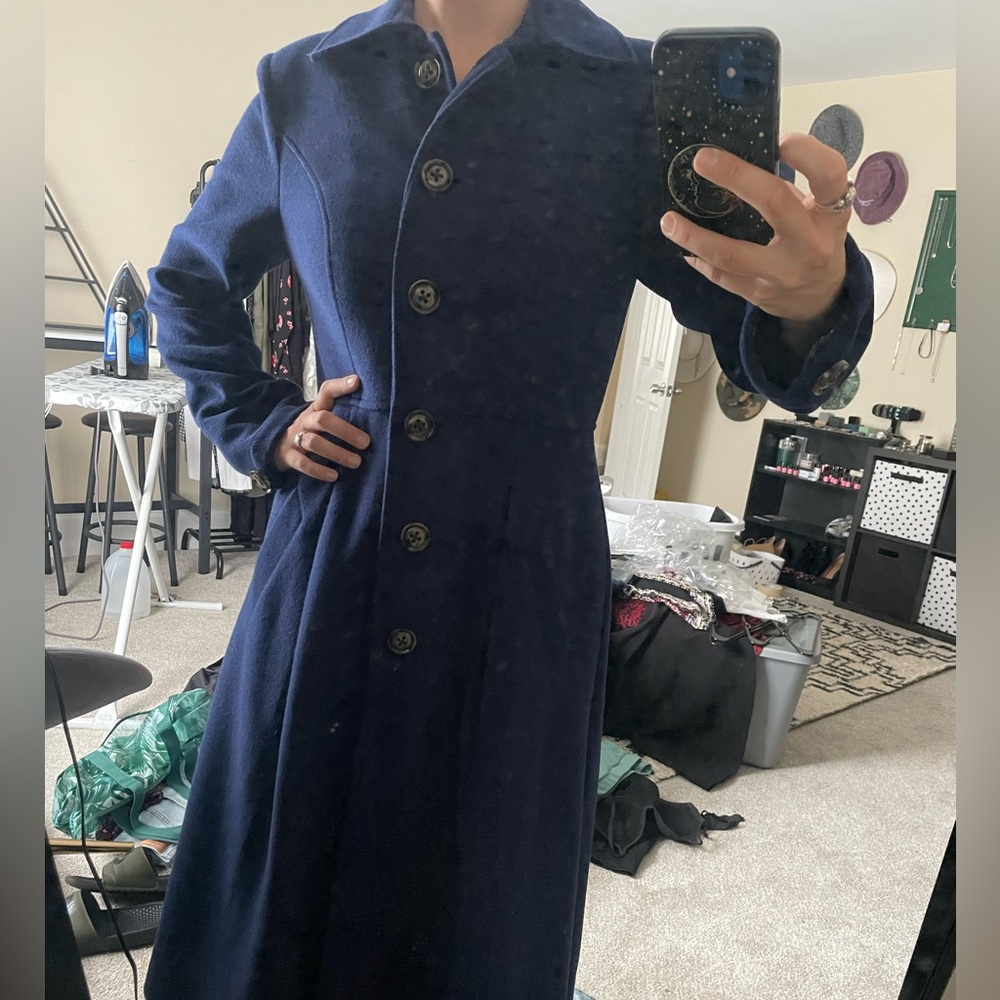 Long navy blue wool pea coat